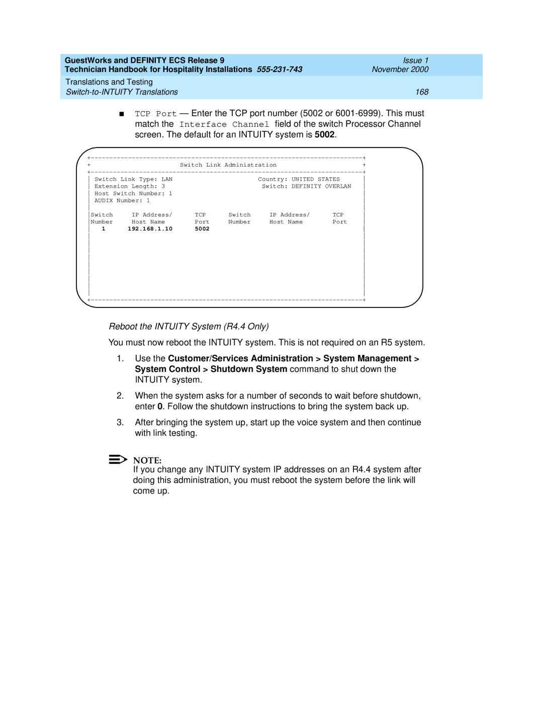 Avaya 555-231-743 manual Tcp, 192.168.1.10 5002 