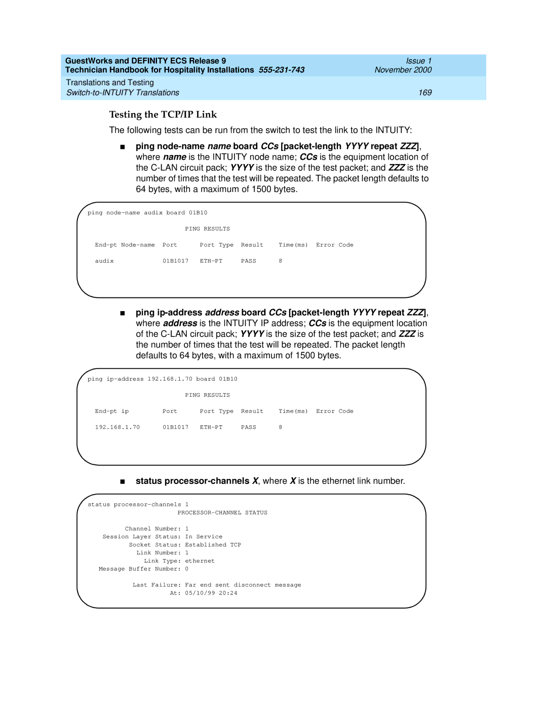 Avaya 555-231-743 manual Testing the TCP/IP Link, Ping Results, ETH-PT Pass, PROCESSOR-CHANNEL Status 