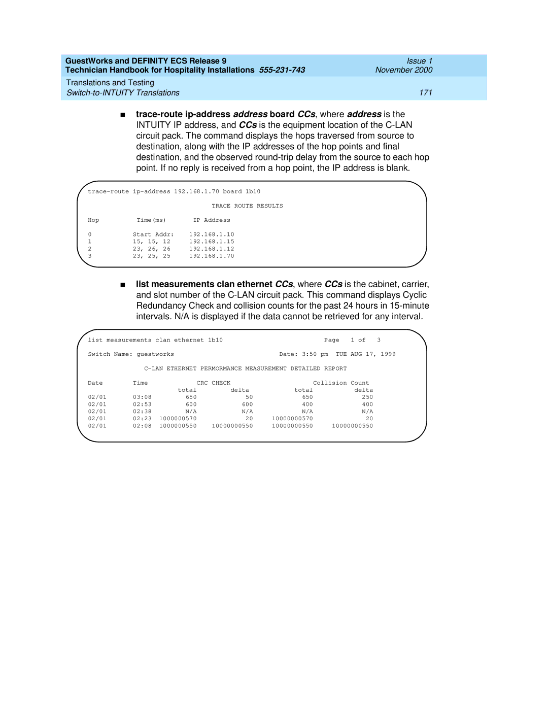 Avaya 555-231-743 manual Trace Route Results, LAN Ethernet Permormance Measurement Detailed Report, CRC Check 