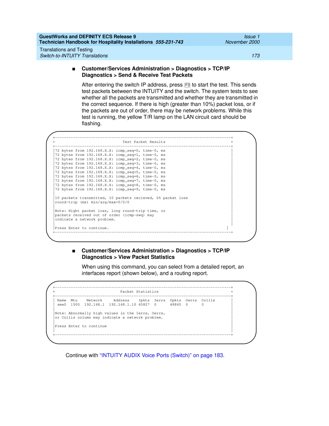 Avaya 555-231-743 manual Continue with Intuity Audix Voice Ports Switch on 