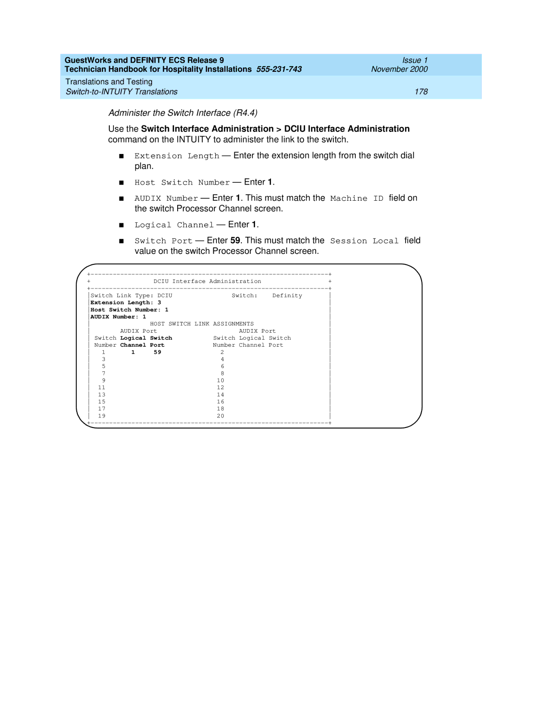 Avaya 555-231-743 Extension Length Host Switch Number Audix Number, Host Switch Link Assignments, Switch Logical Switch 