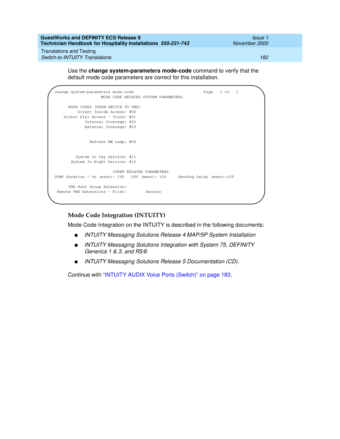 Avaya 555-231-743 manual Mode Code Integration Intuity, Other Related Parameters 