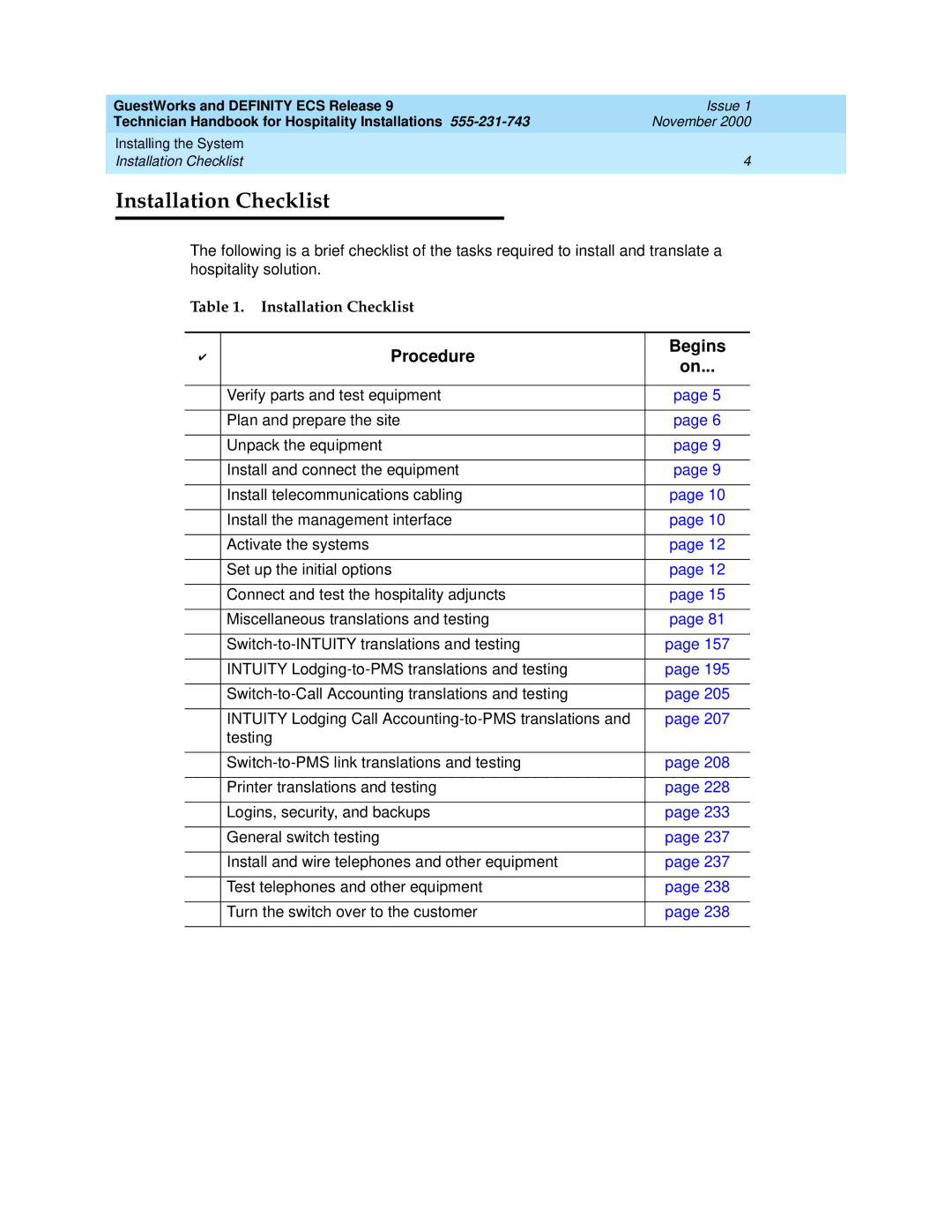 Avaya 555-231-743 manual Installation Checklist, Procedure Begins 