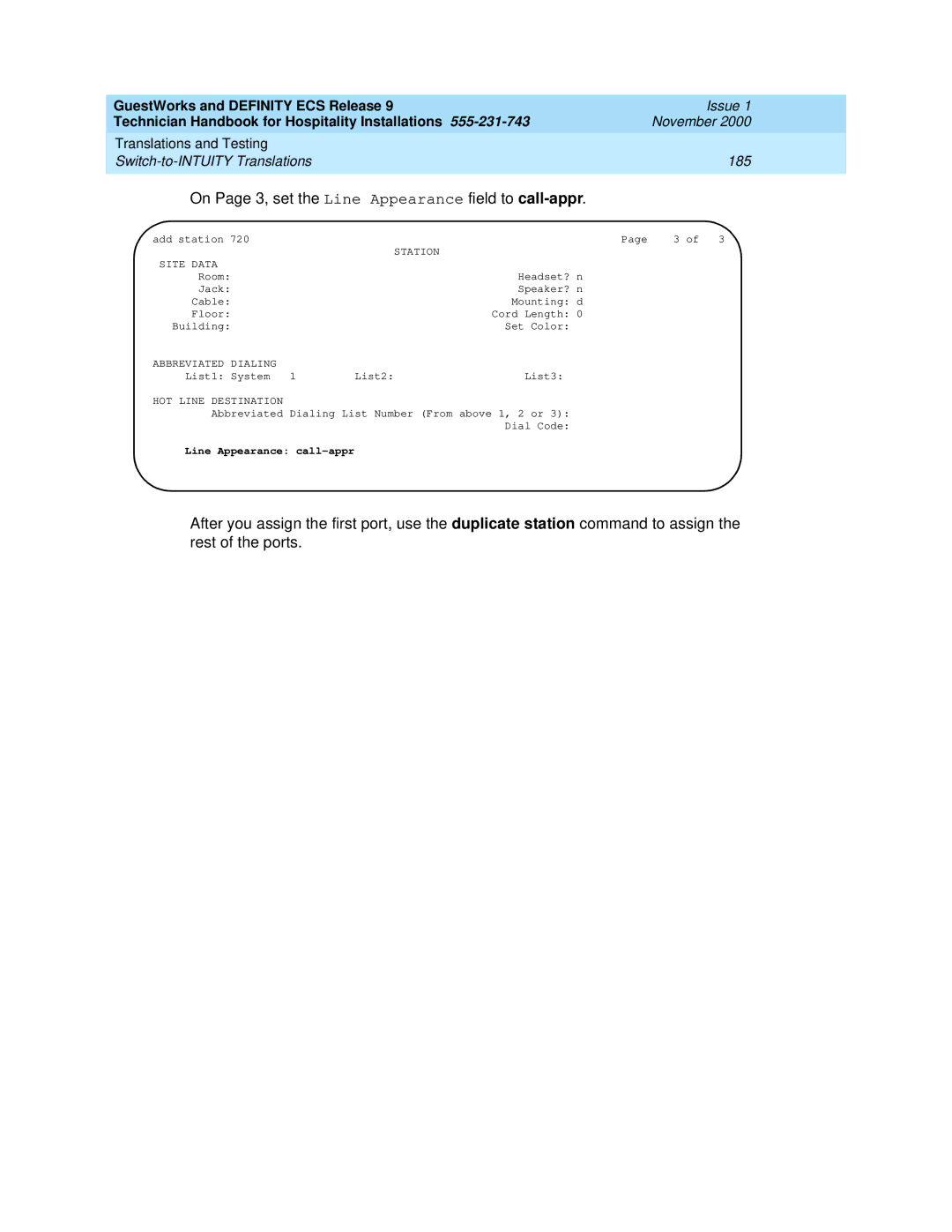 Avaya 555-231-743 manual On Page 3, set the Line Appearance field to call-appr 