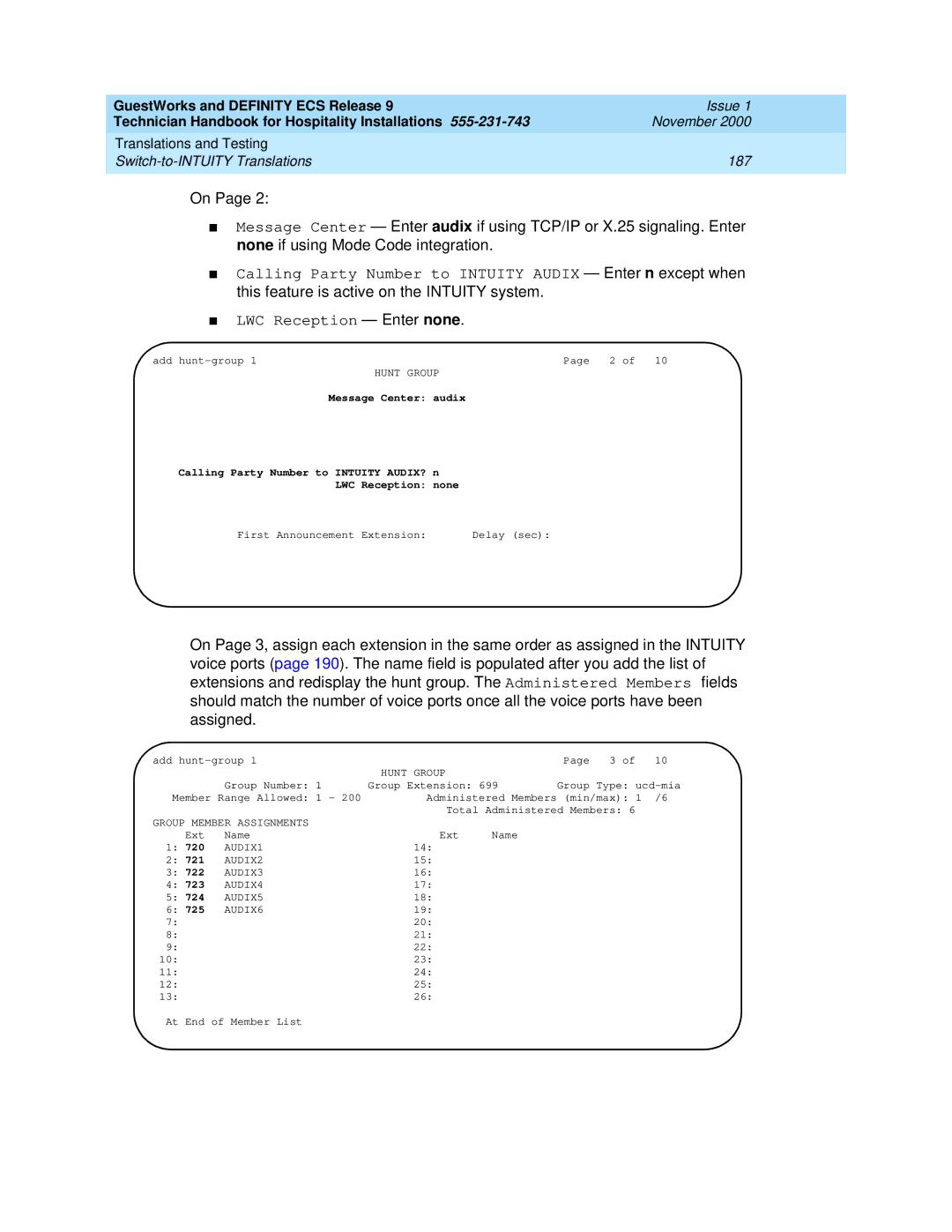 Avaya 555-231-743 manual Reception none First Announcement Extension Delay sec, Group Member Assignments 