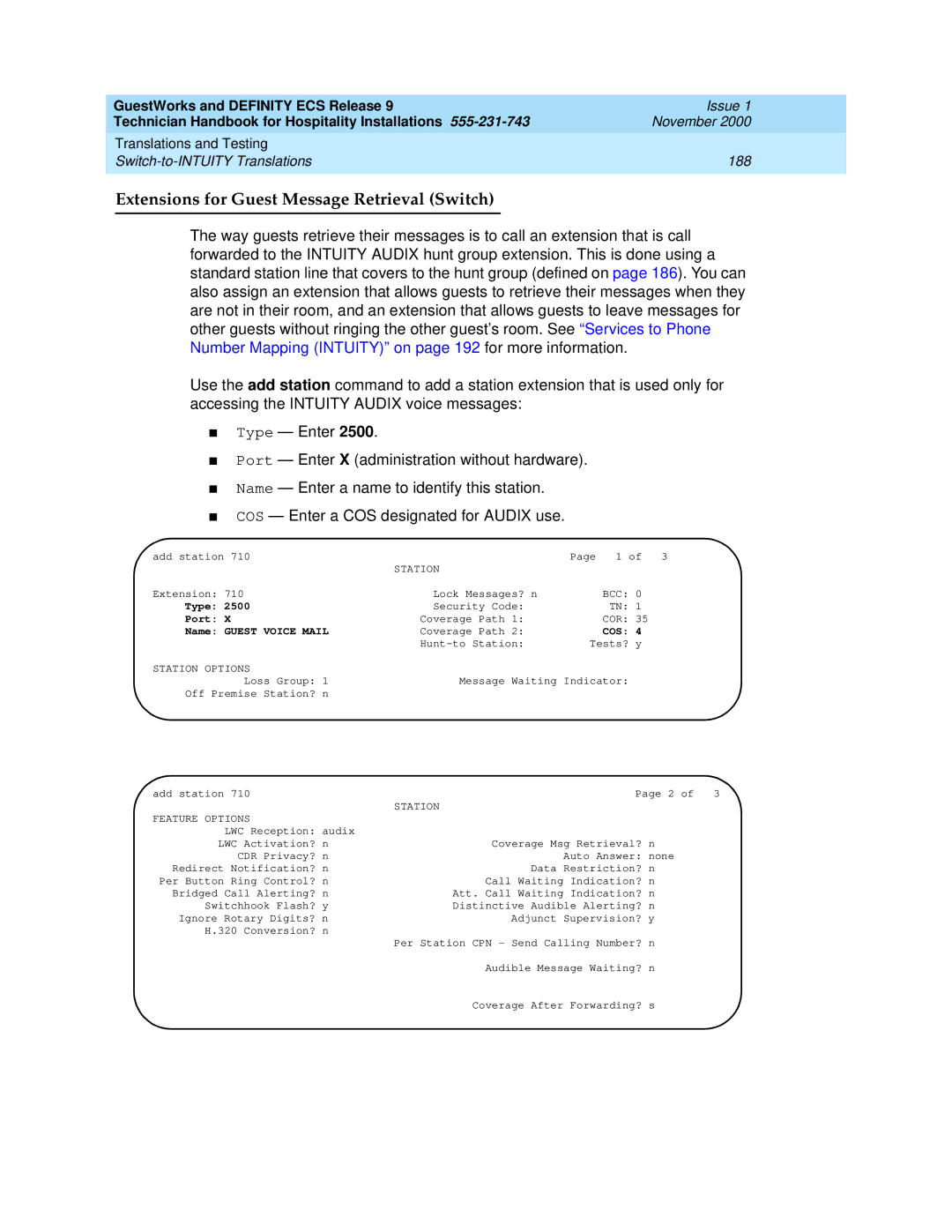 Avaya 555-231-743 manual Extensions for Guest Message Retrieval Switch, Port, Name Guest Voice Mail 