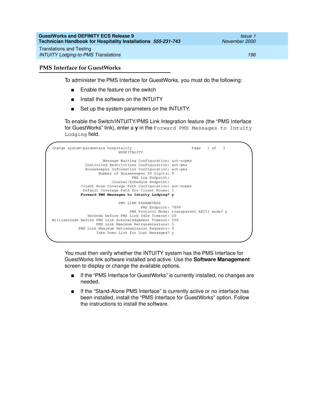 Avaya 555-231-743 manual PMS Interface for GuestWorks, Forward PMS Messages to Intuity Lodging? y, PMS Link Parameters, Pms 