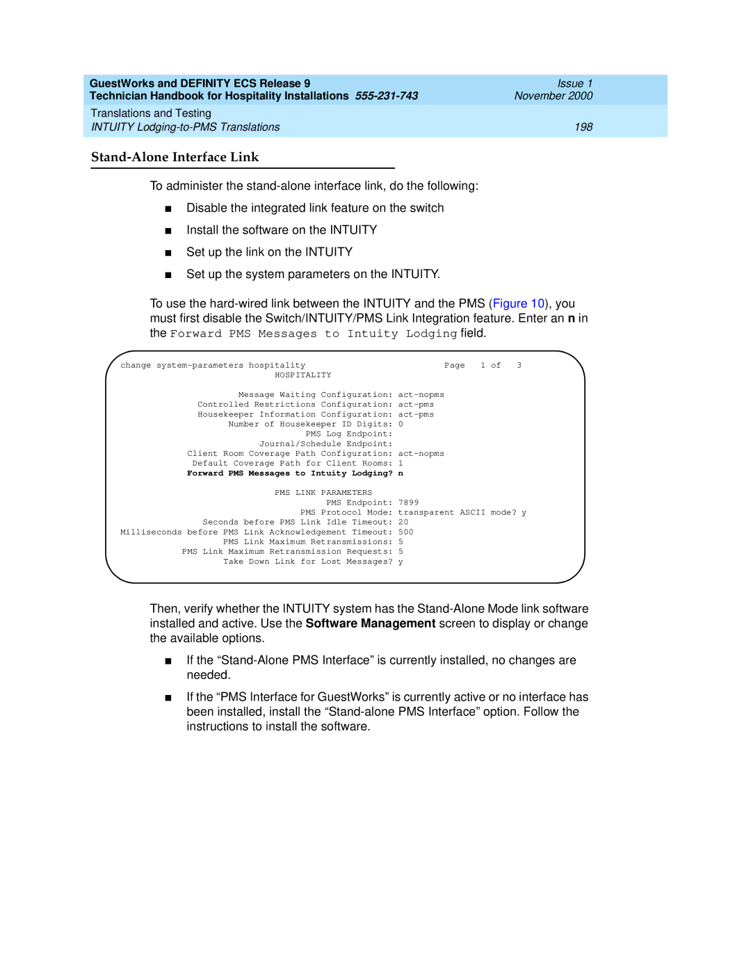 Avaya 555-231-743 manual Stand-Alone Interface Link, Forward PMS Messages to Intuity Lodging? n 