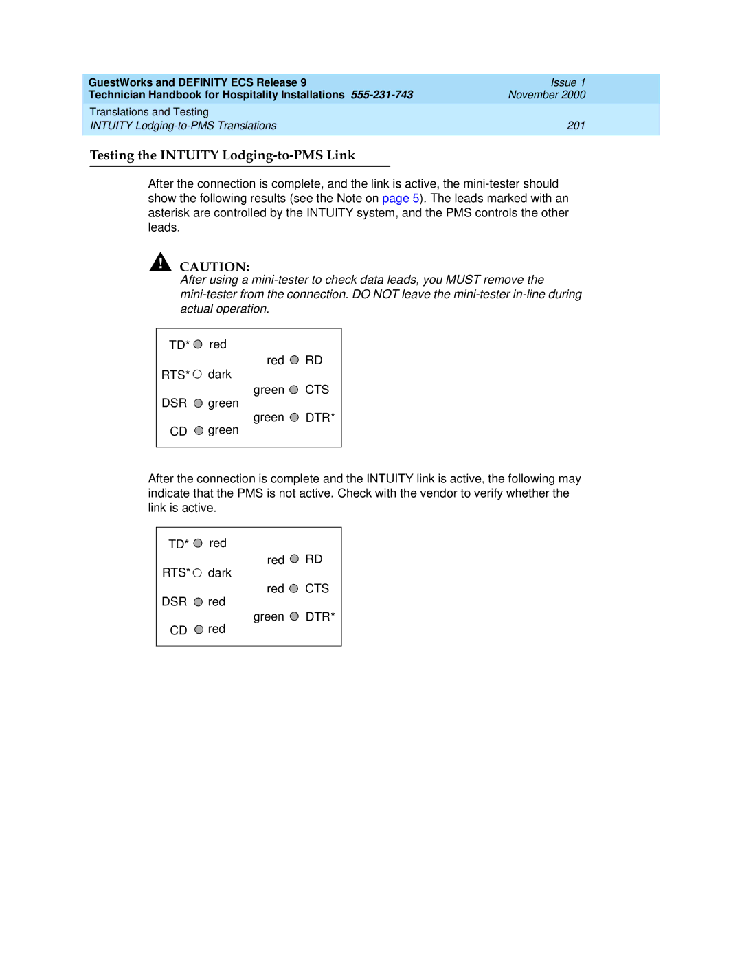 Avaya 555-231-743 manual Testing the Intuity Lodging-to-PMS Link 