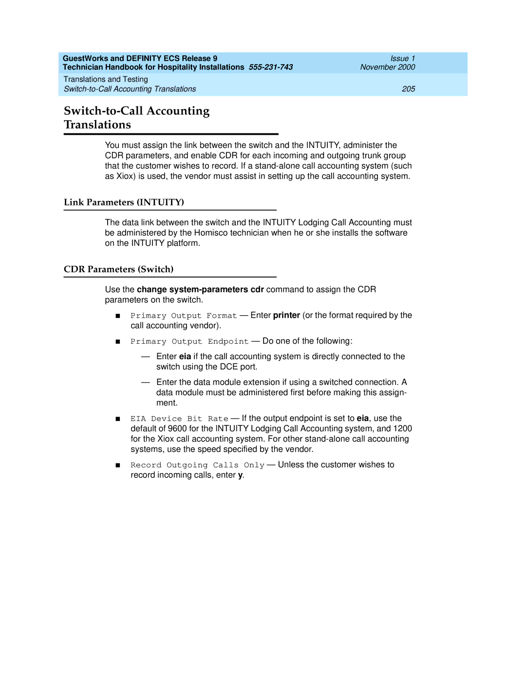 Avaya 555-231-743 manual Switch-to-Call Accounting Translations, Link Parameters Intuity, CDR Parameters Switch 