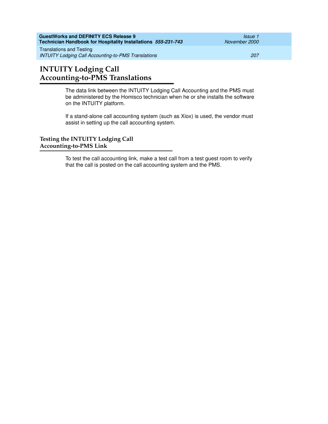 Avaya 555-231-743 manual Intuity Lodging Call Accounting-to-PMS Translations 