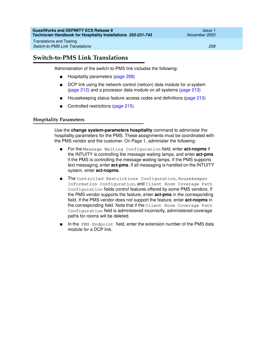 Avaya 555-231-743 manual Switch-to-PMS Link Translations, Hospitality Parameters 