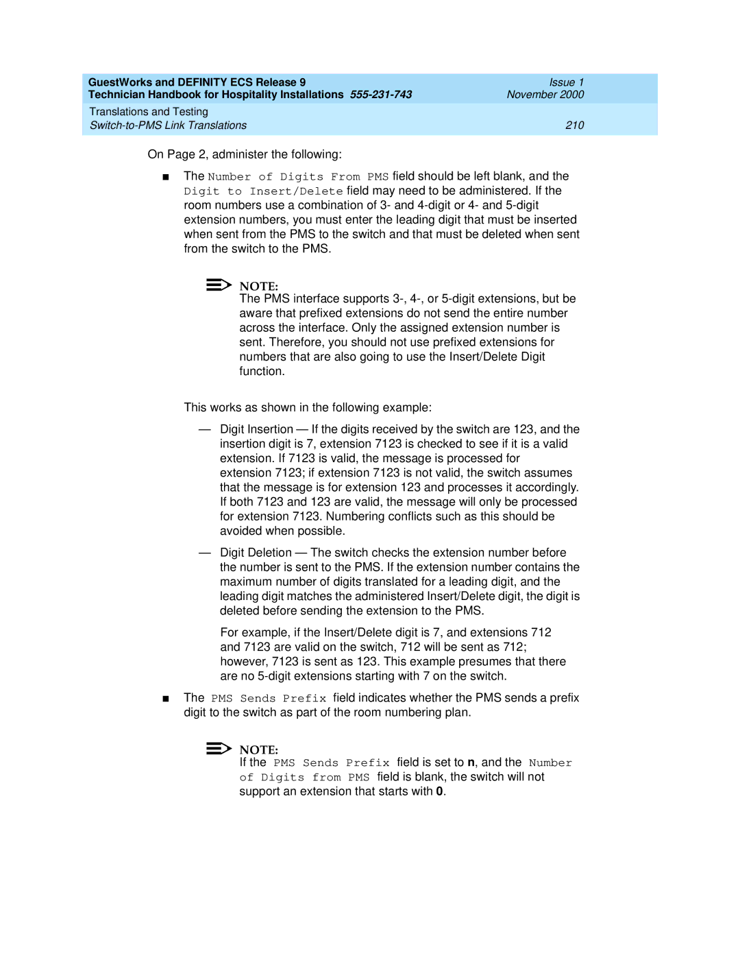 Avaya 555-231-743 manual Translations and Testing Switch-to-PMS Link Translations 210 