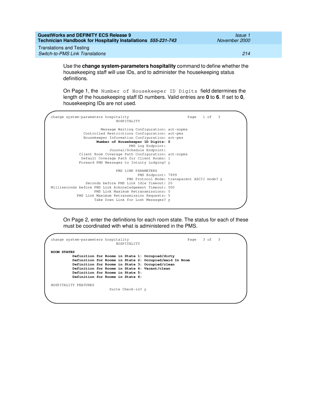 Avaya 555-231-743 manual Change system-parameters Hospitality, Hospitality Room States 