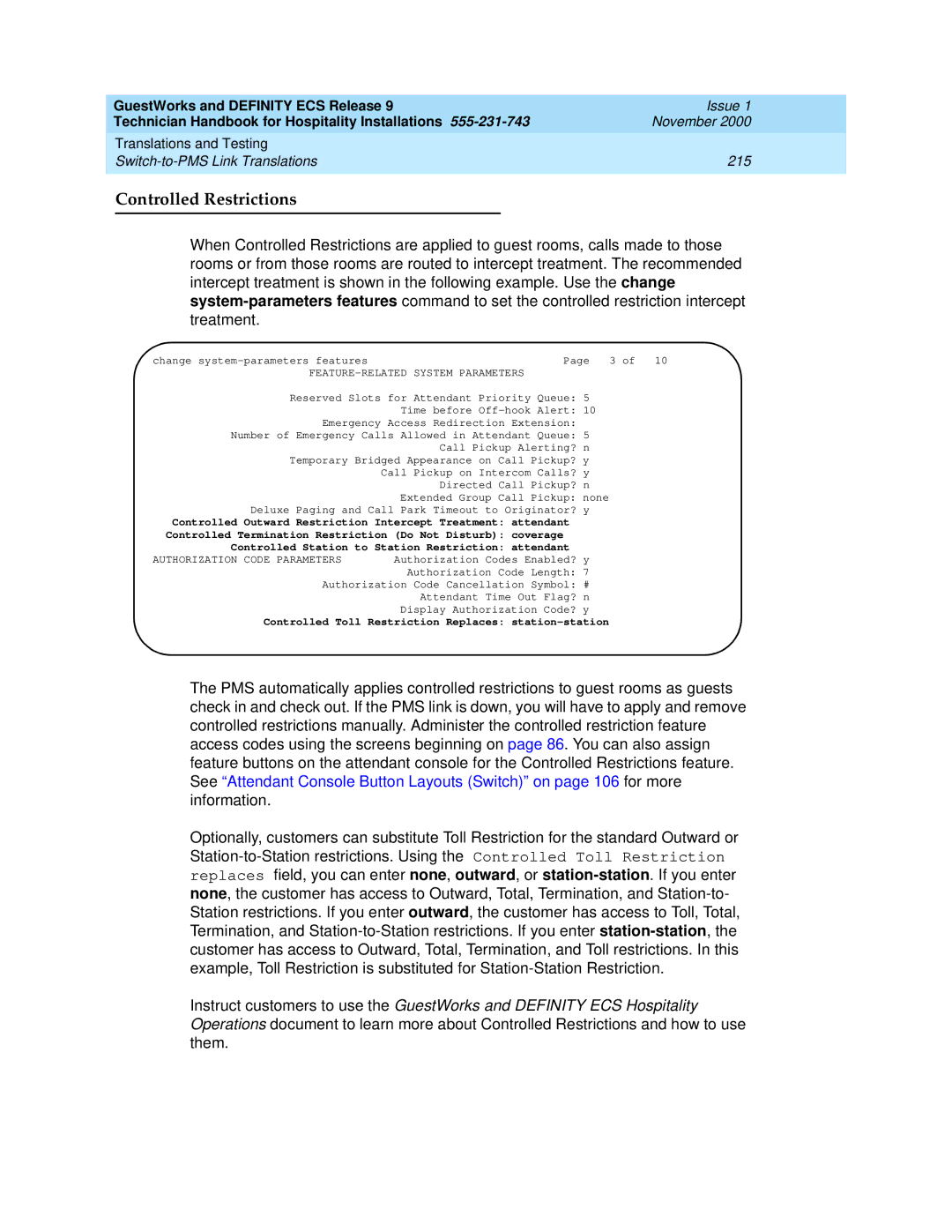 Avaya 555-231-743 manual Controlled Restrictions, Authorization Code Parameters 