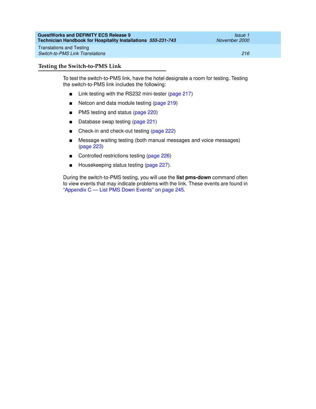 Avaya 555-231-743 manual Testing the Switch-to-PMS Link 