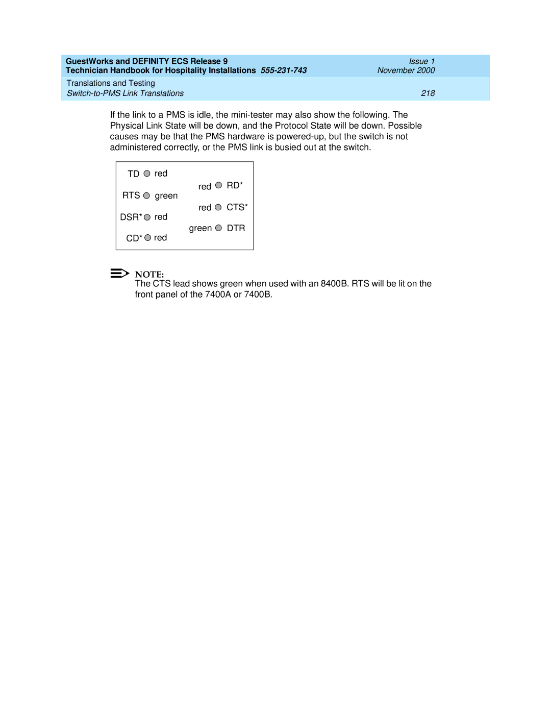 Avaya 555-231-743 manual Translations and Testing Switch-to-PMS Link Translations 218 