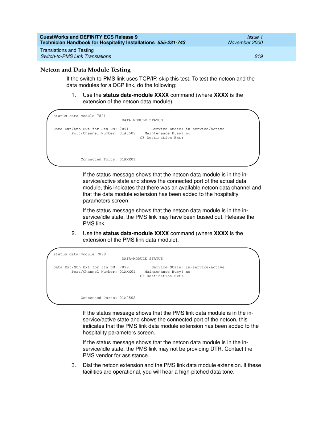 Avaya 555-231-743 manual Netcon and Data Module Testing, DATA-MODULE Status 