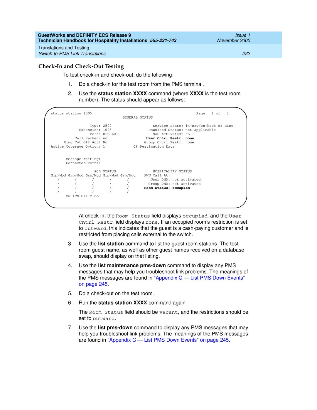 Avaya 555-231-743 Check-In and Check-Out Testing, General Status, User Cntrl Restr none, ACD Status Hospitality Status 