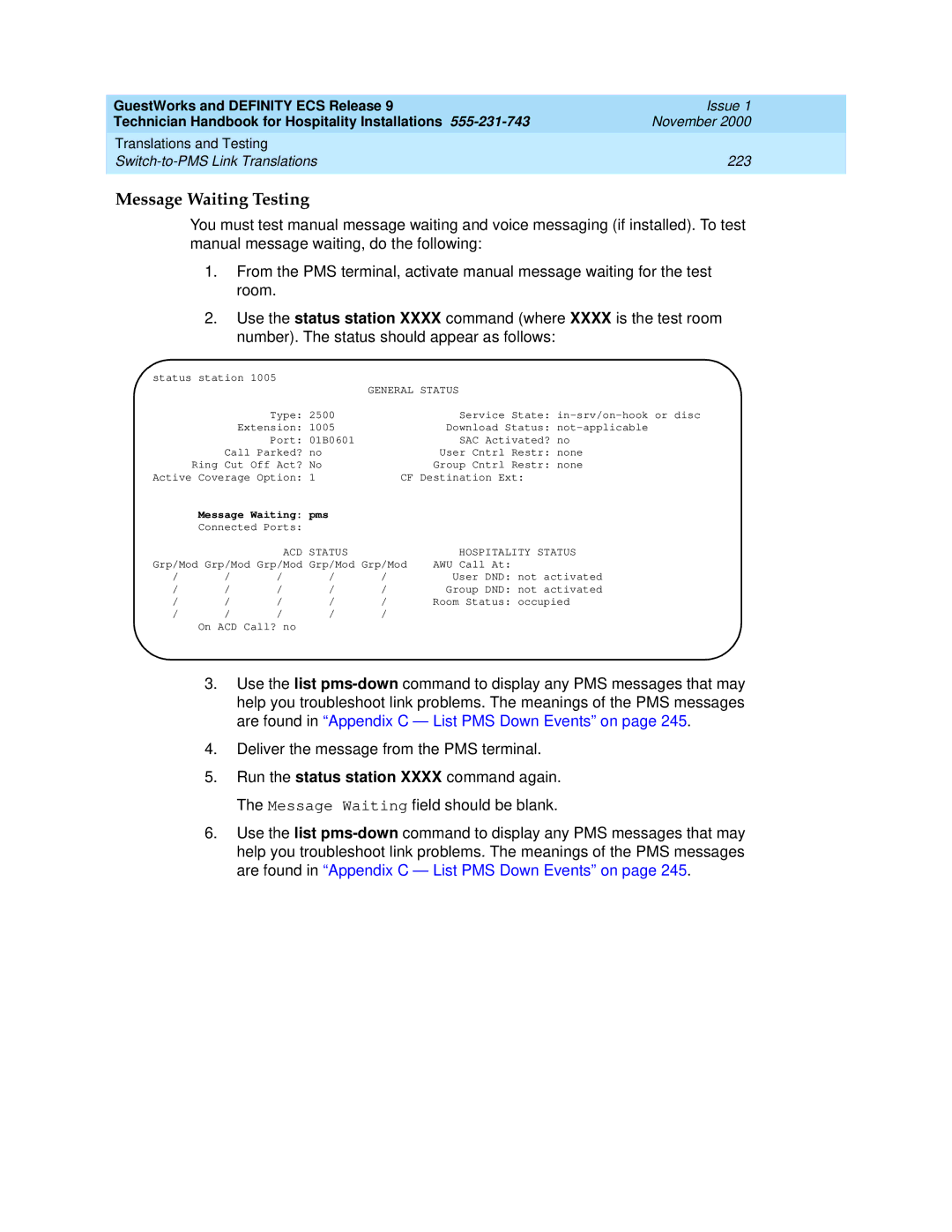 Avaya 555-231-743 manual Message Waiting Testing, Message Waiting pms 