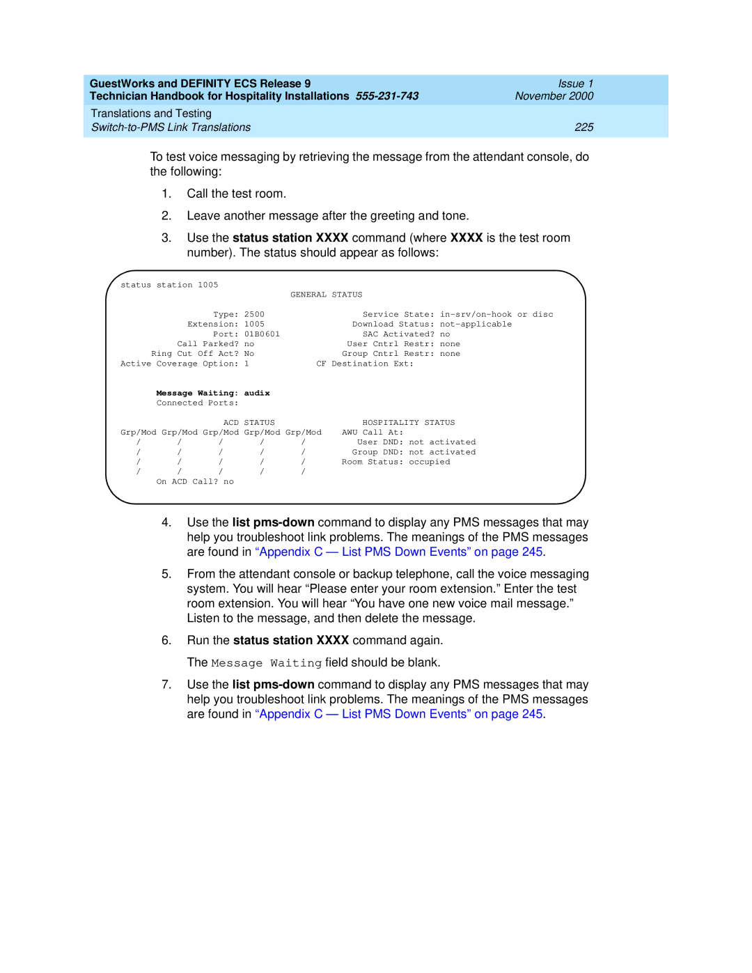 Avaya 555-231-743 manual Translations and Testing Switch-to-PMS Link Translations 225 