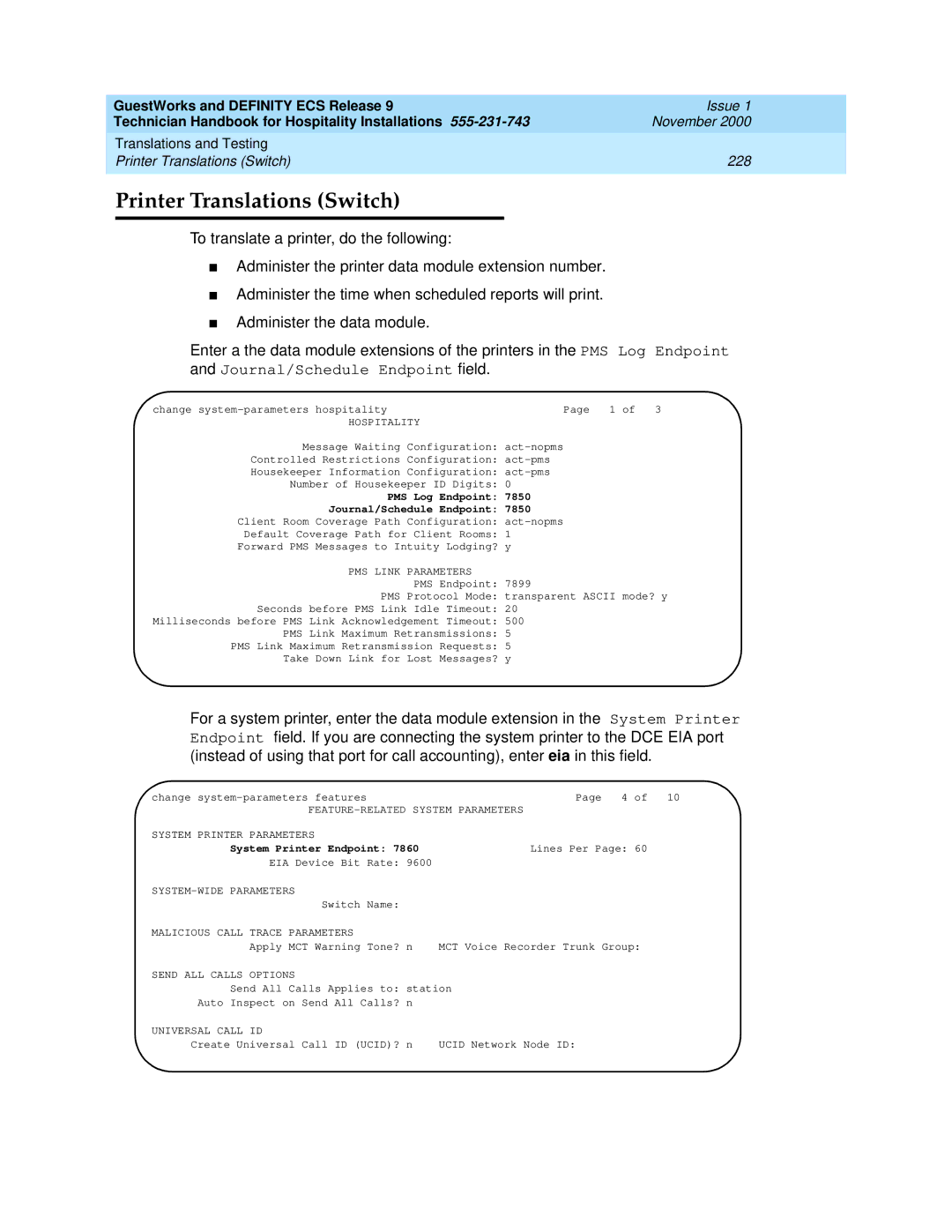 Avaya 555-231-743 Printer Translations Switch, PMS Log Endpoint 7850 Journal/Schedule Endpoint, System Printer Endpoint 