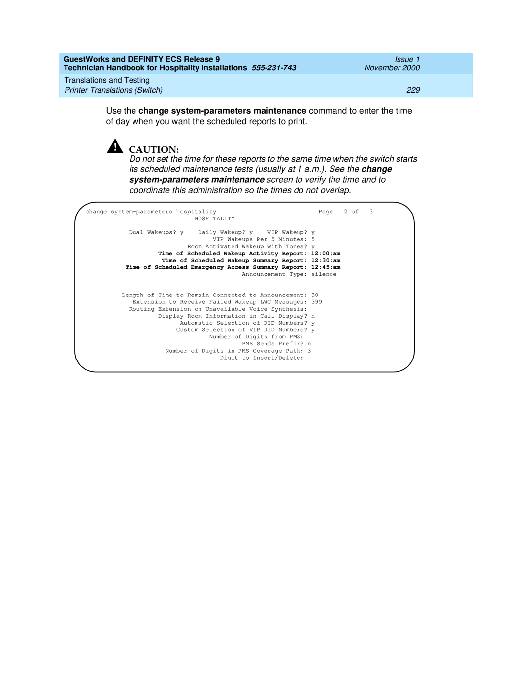 Avaya 555-231-743 manual Translations and Testing Printer Translations Switch 229 