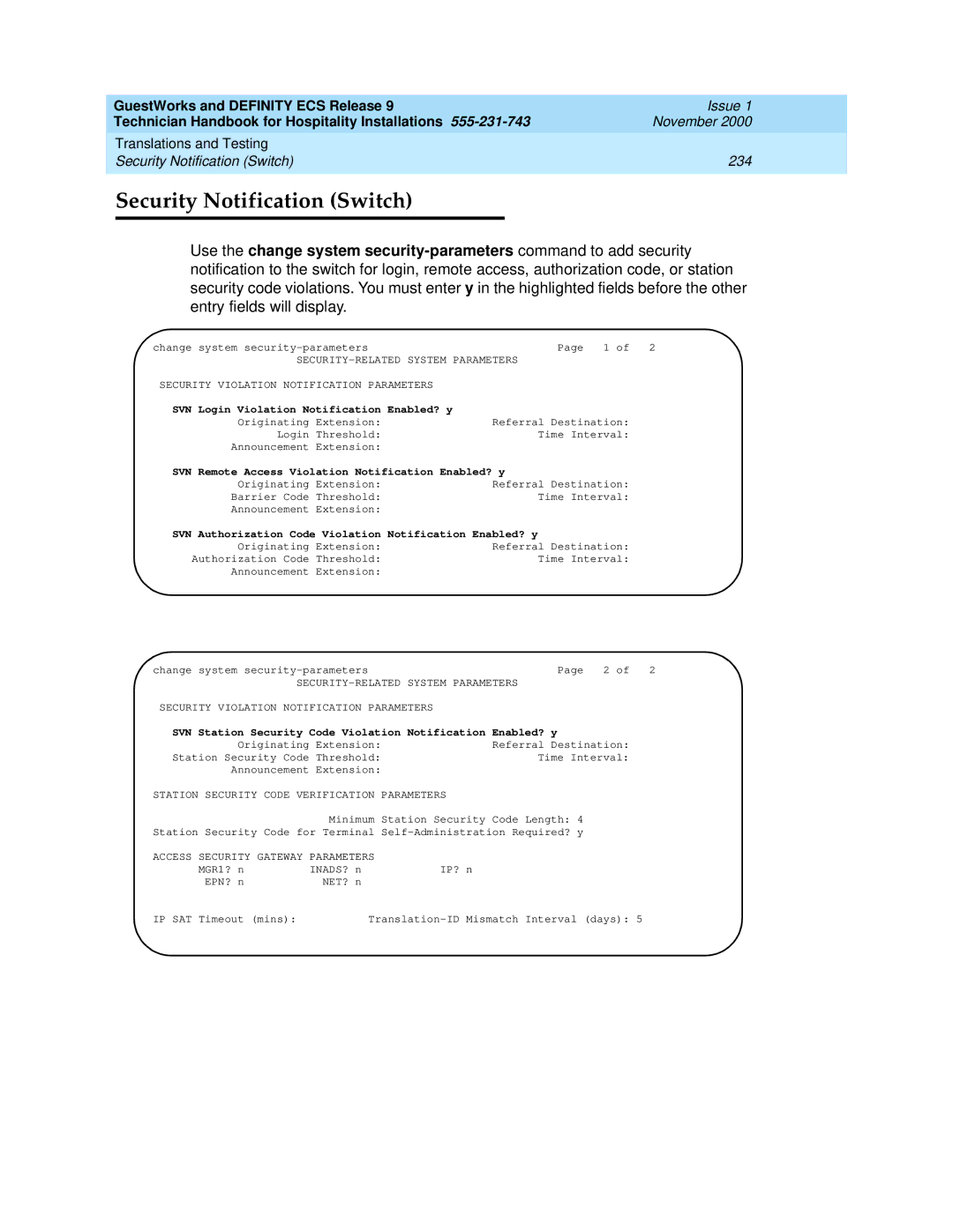 Avaya 555-231-743 manual Security Notification Switch, SVN Login Violation Notification Enabled? y 