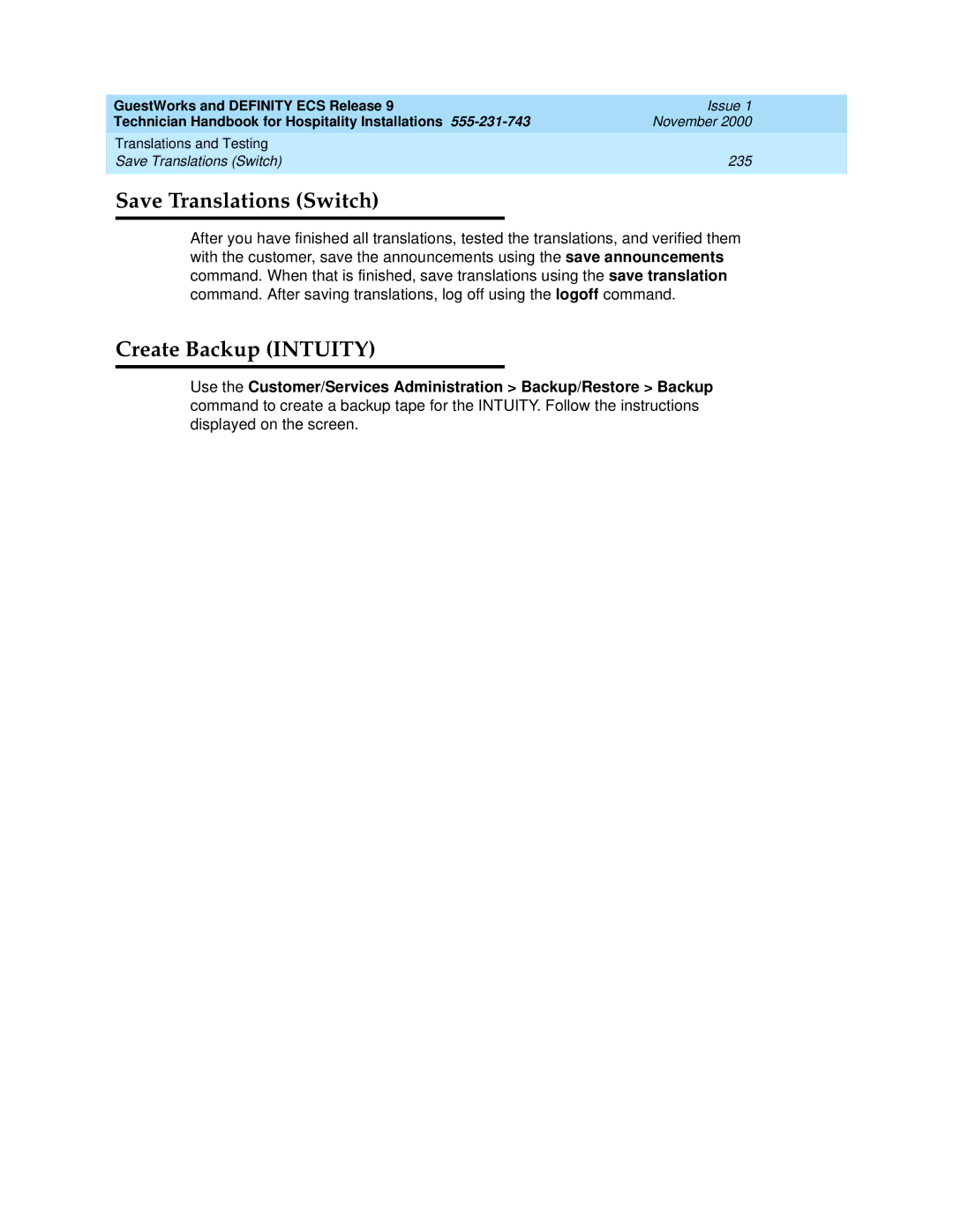 Avaya 555-231-743 manual Save Translations Switch, Create Backup Intuity 
