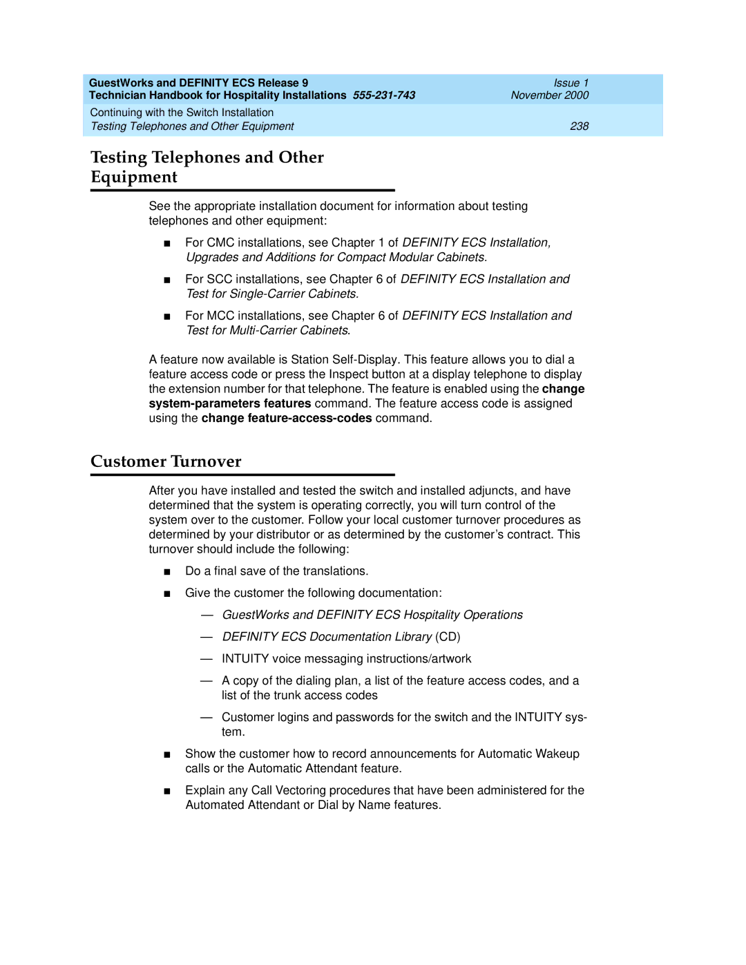 Avaya 555-231-743 manual Testing Telephones and Other Equipment, Customer Turnover 