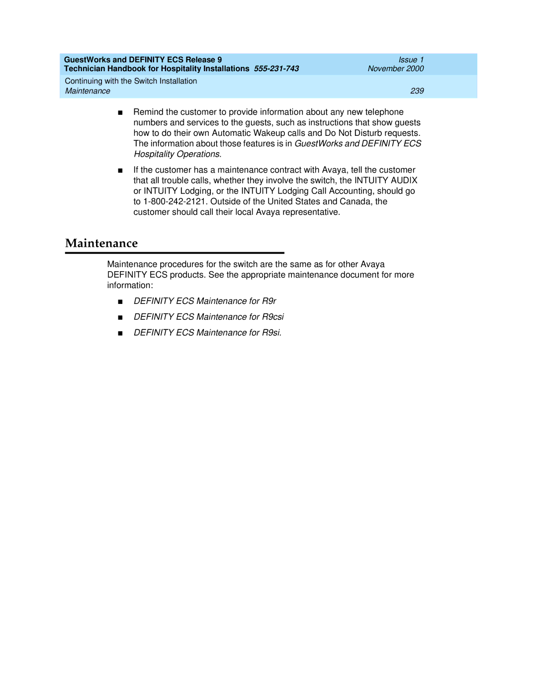 Avaya 555-231-743 manual Maintenance 