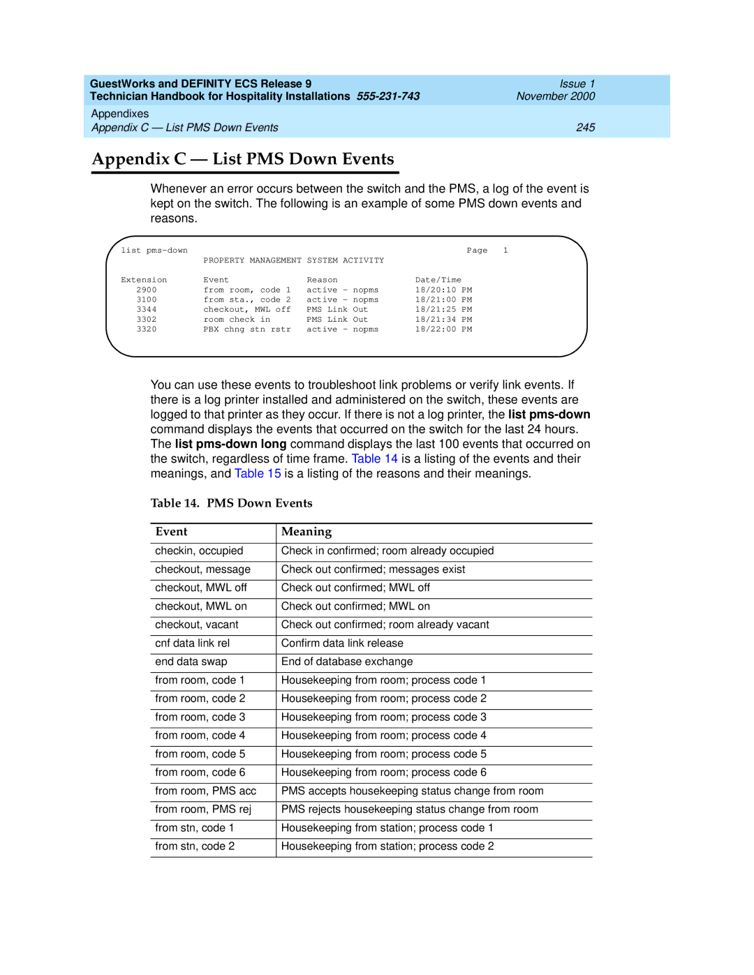 Avaya 555-231-743 manual Appendix C List PMS Down Events, Property Management System Activity 