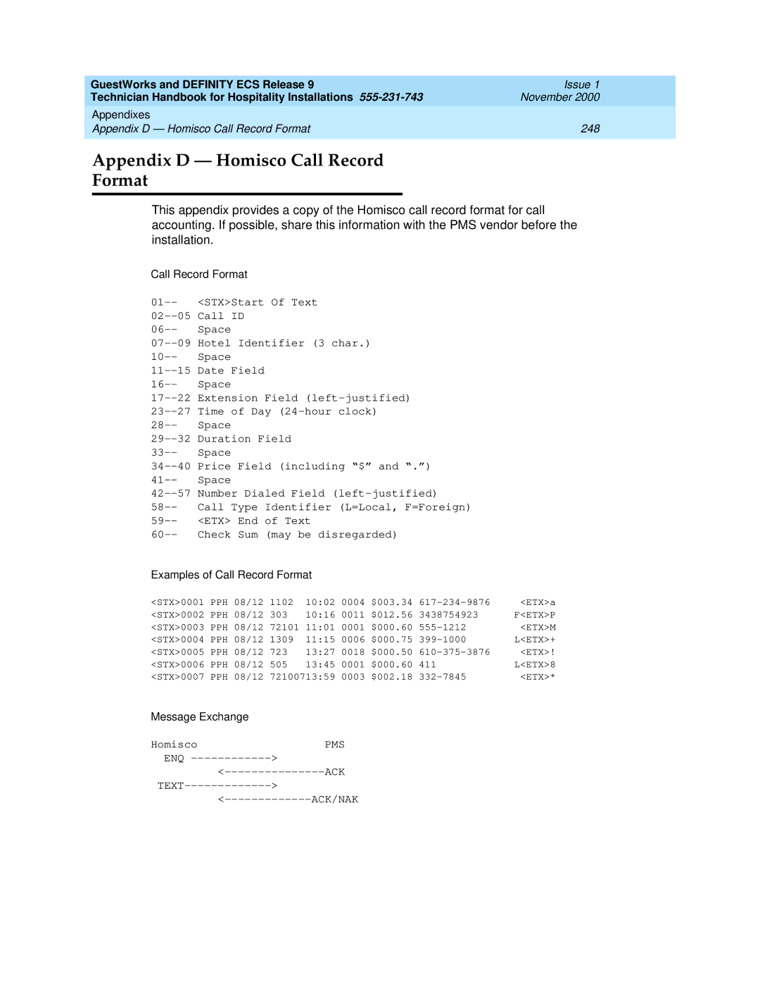 Avaya 555-231-743 manual Appendix D Homisco Call Record Format 