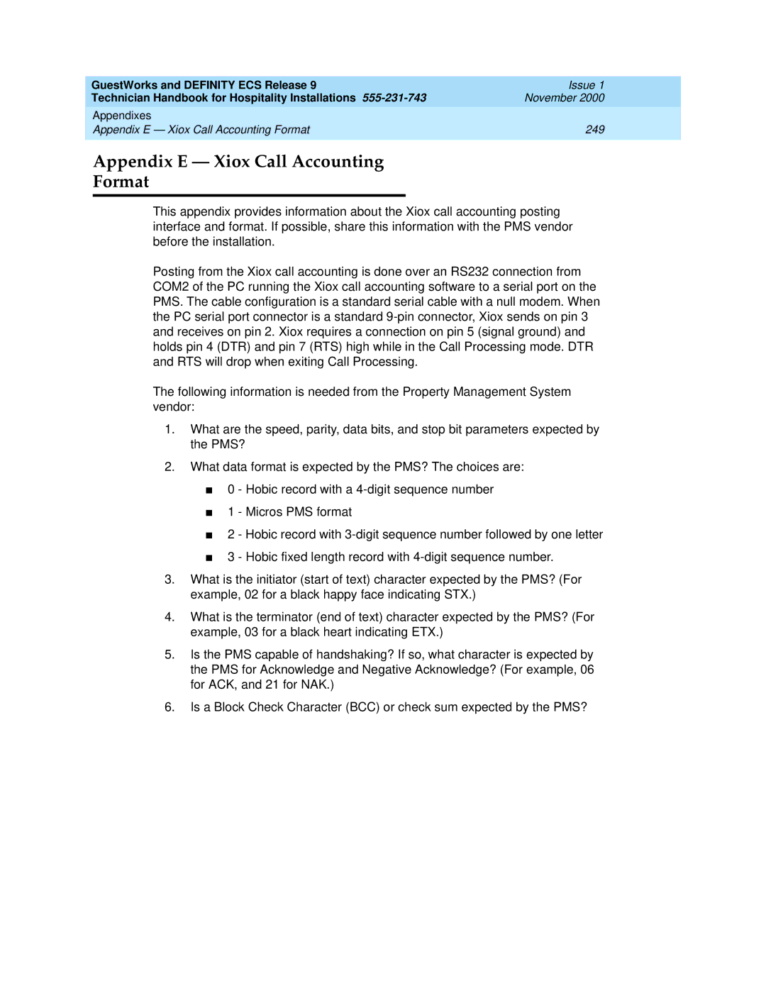 Avaya 555-231-743 manual Appendix E Xiox Call Accounting Format 