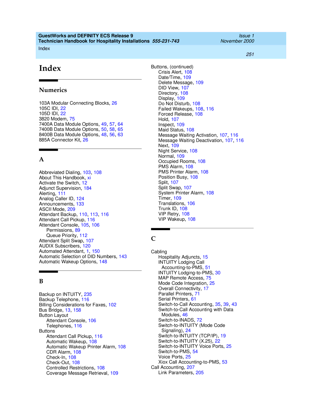 Avaya 555-231-743 manual Index 