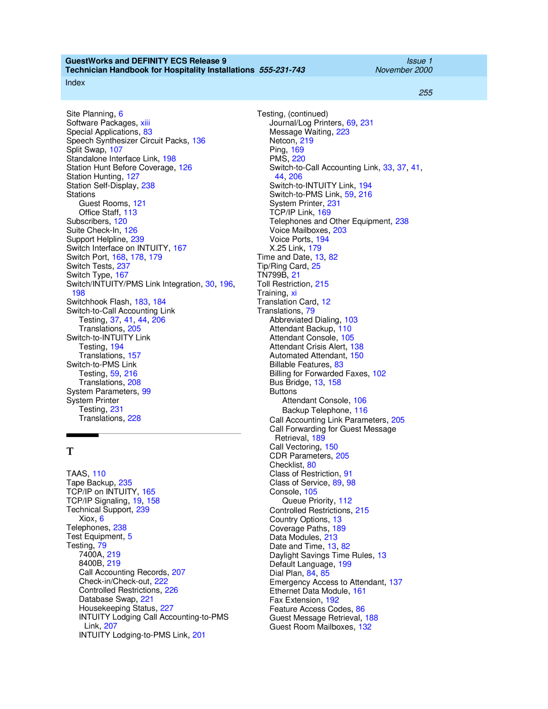 Avaya 555-231-743 manual Testing, 37, 41, 44, 206 Translations 