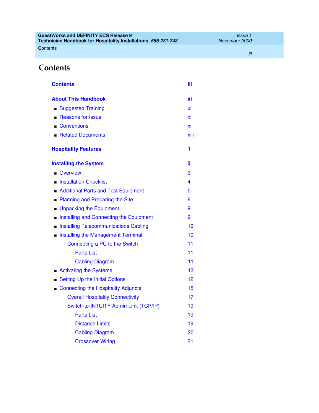 Avaya 555-231-743 manual Contents 