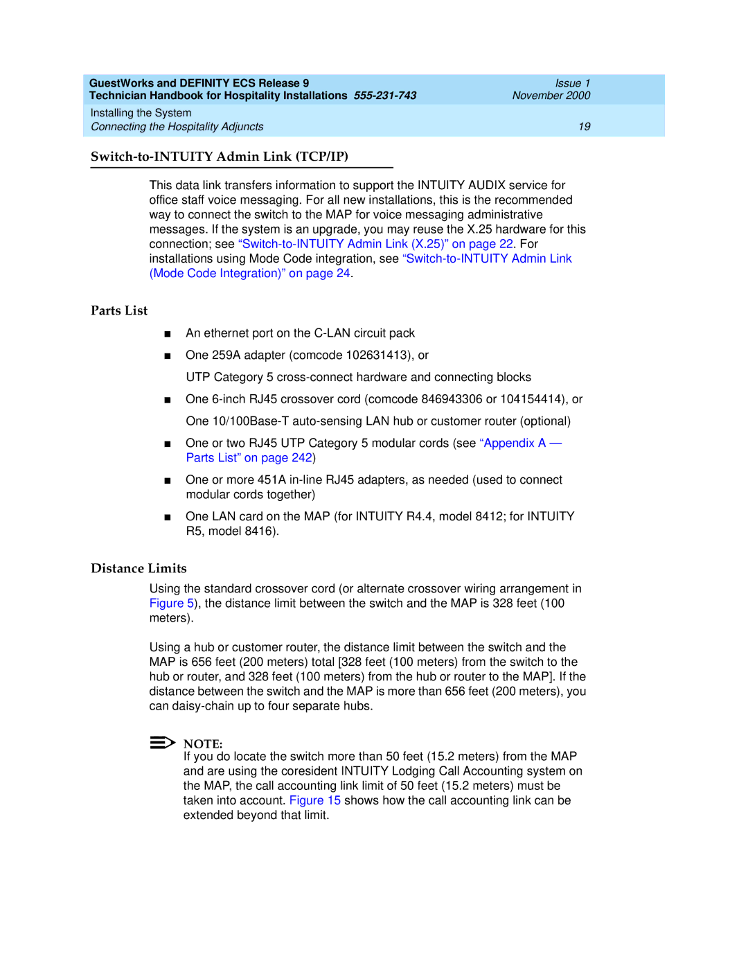 Avaya 555-231-743 manual Switch-to-INTUITY Admin Link TCP/IP, Distance Limits 