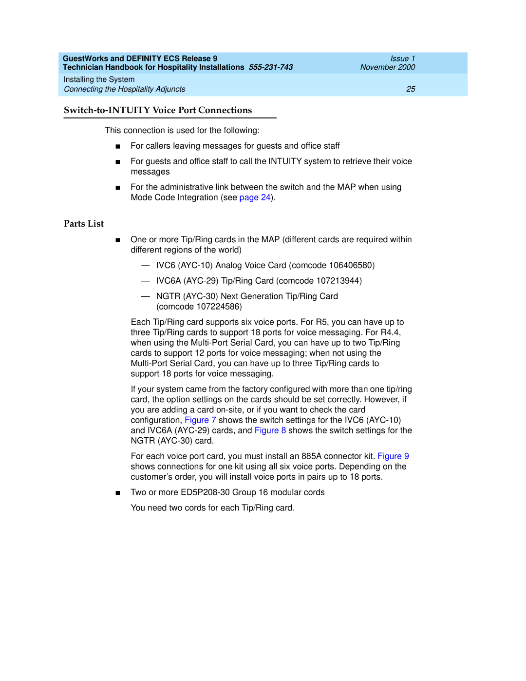 Avaya 555-231-743 manual Switch-to-INTUITY Voice Port Connections, Parts List 