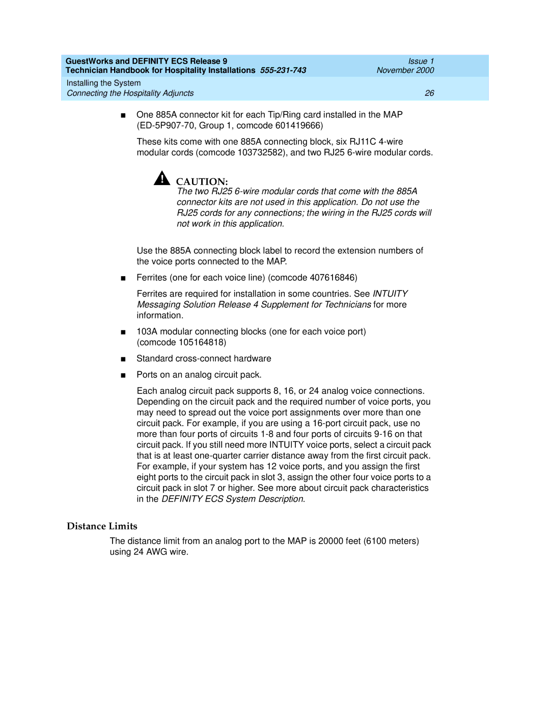 Avaya 555-231-743 manual Distance Limits 