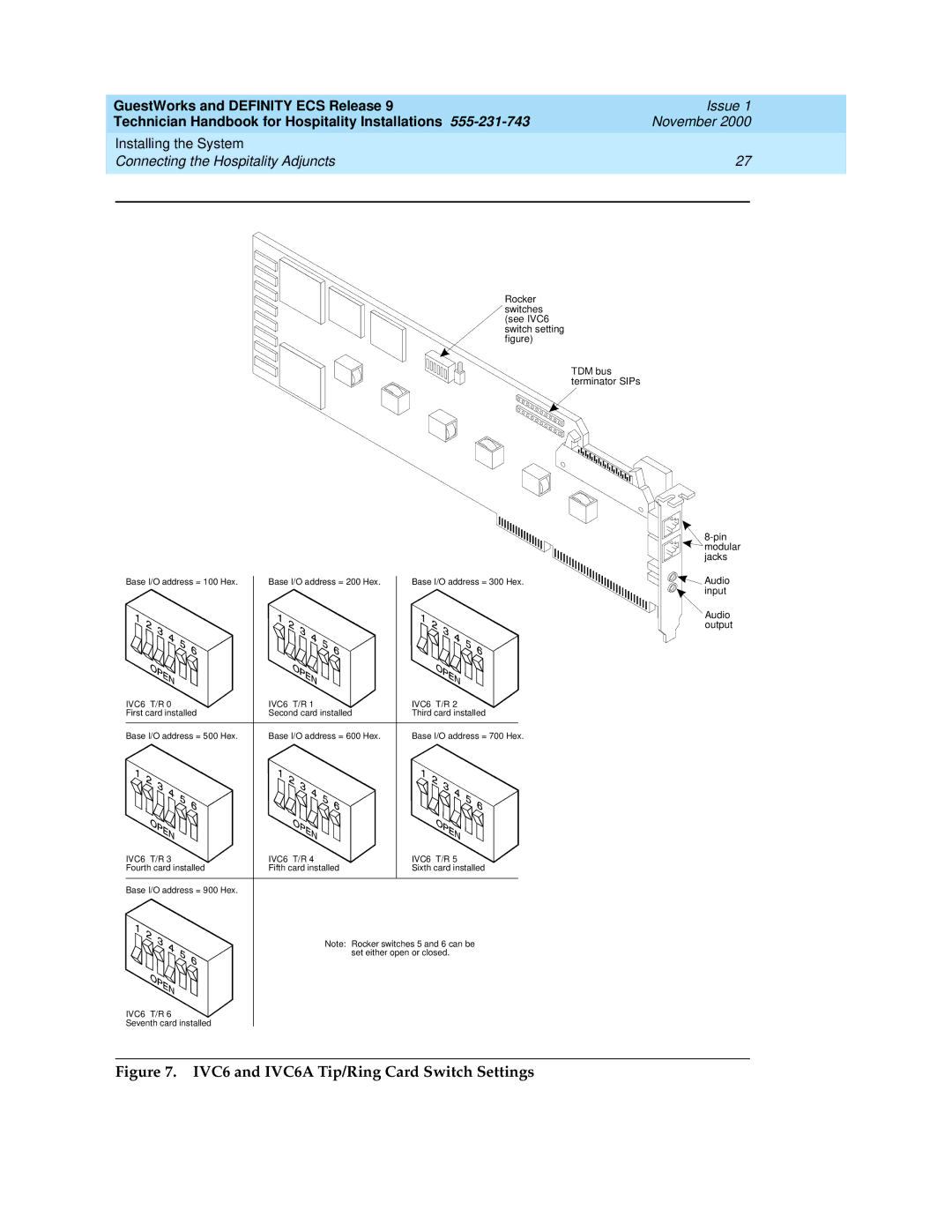 Avaya 555-231-743 manual IVC6 and IVC6A Tip/Ring Card Switch Settings 