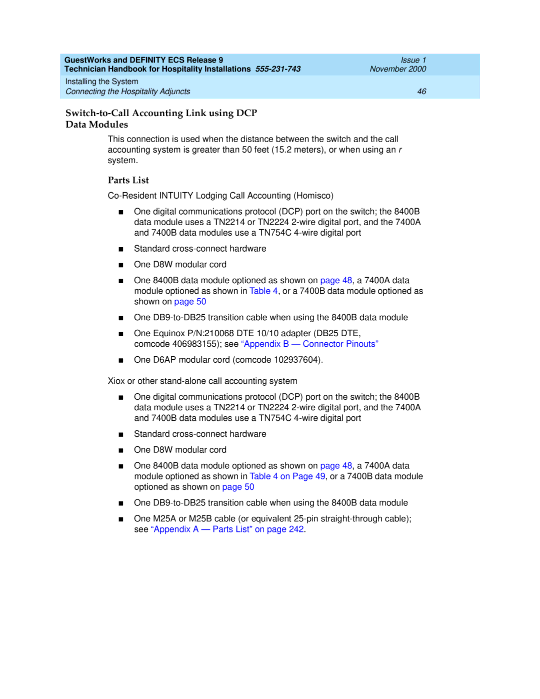 Avaya 555-231-743 manual Switch-to-Call Accounting Link using DCP Data Modules, Parts List 