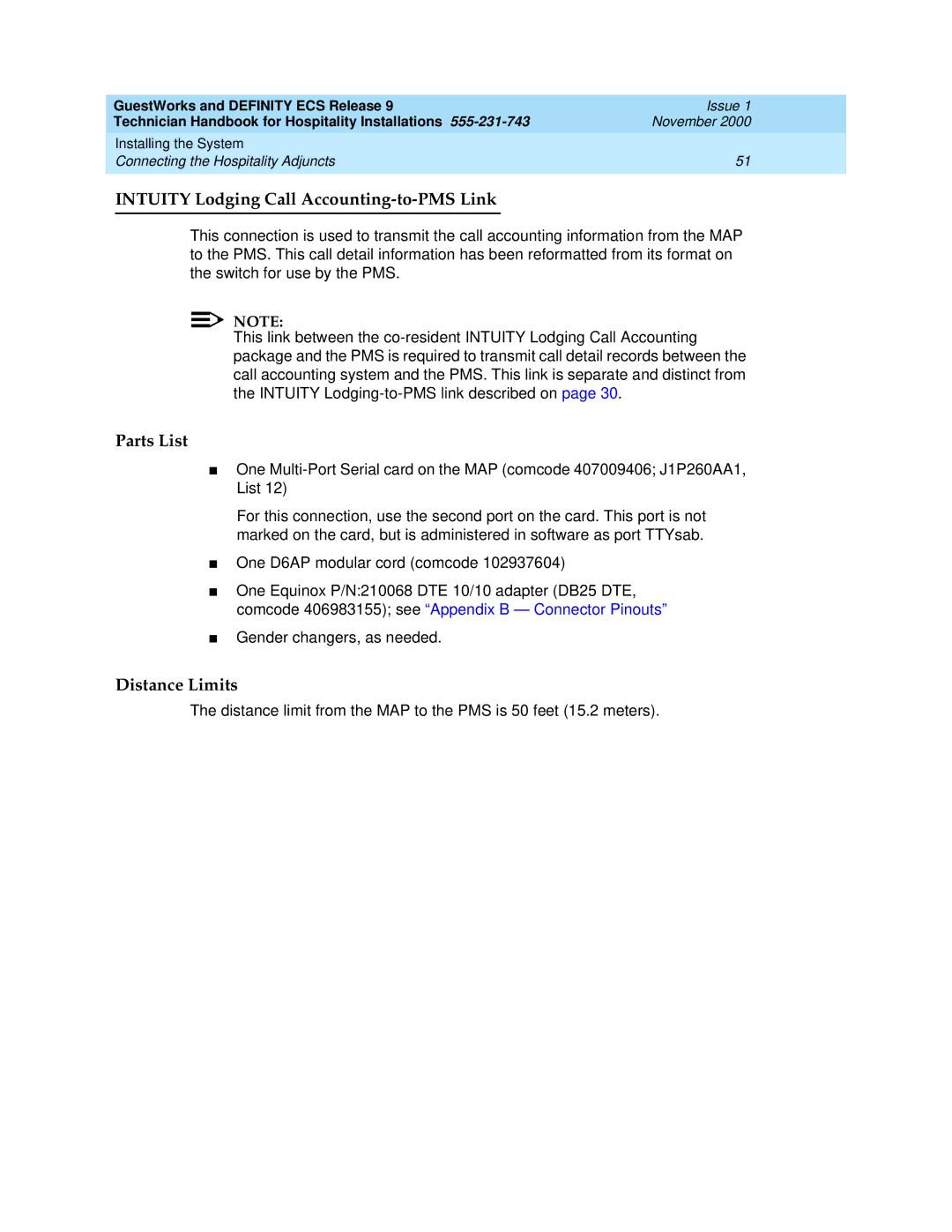 Avaya 555-231-743 manual Intuity Lodging Call Accounting-to-PMS Link, Parts List 