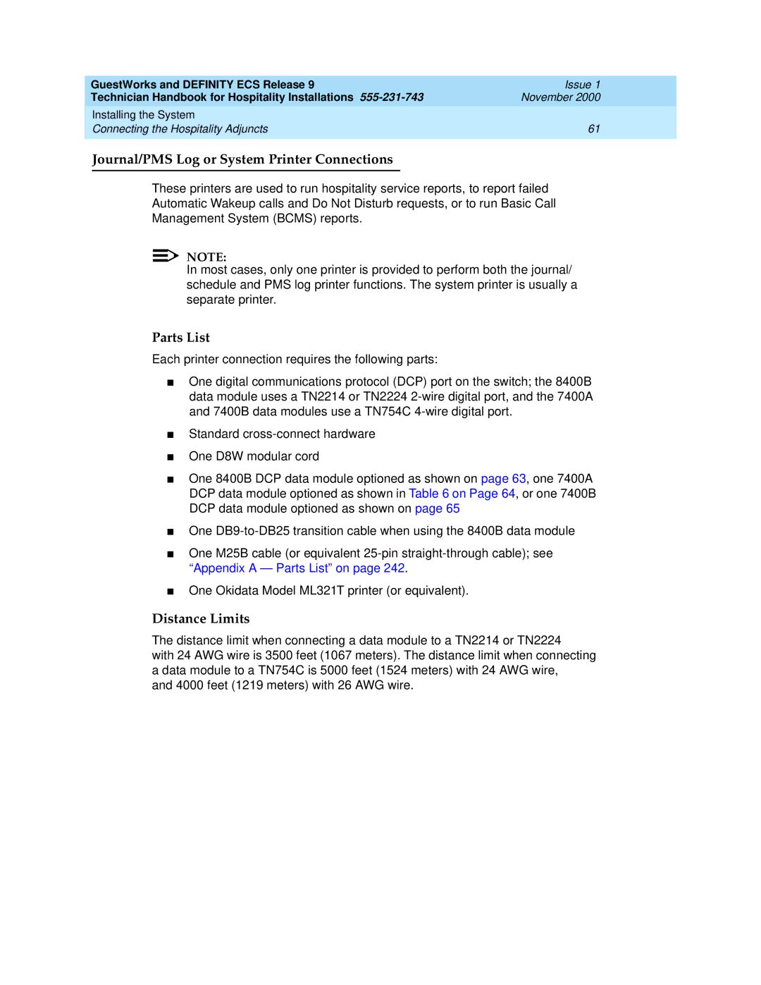 Avaya 555-231-743 manual Journal/PMS Log or System Printer Connections, Parts List 