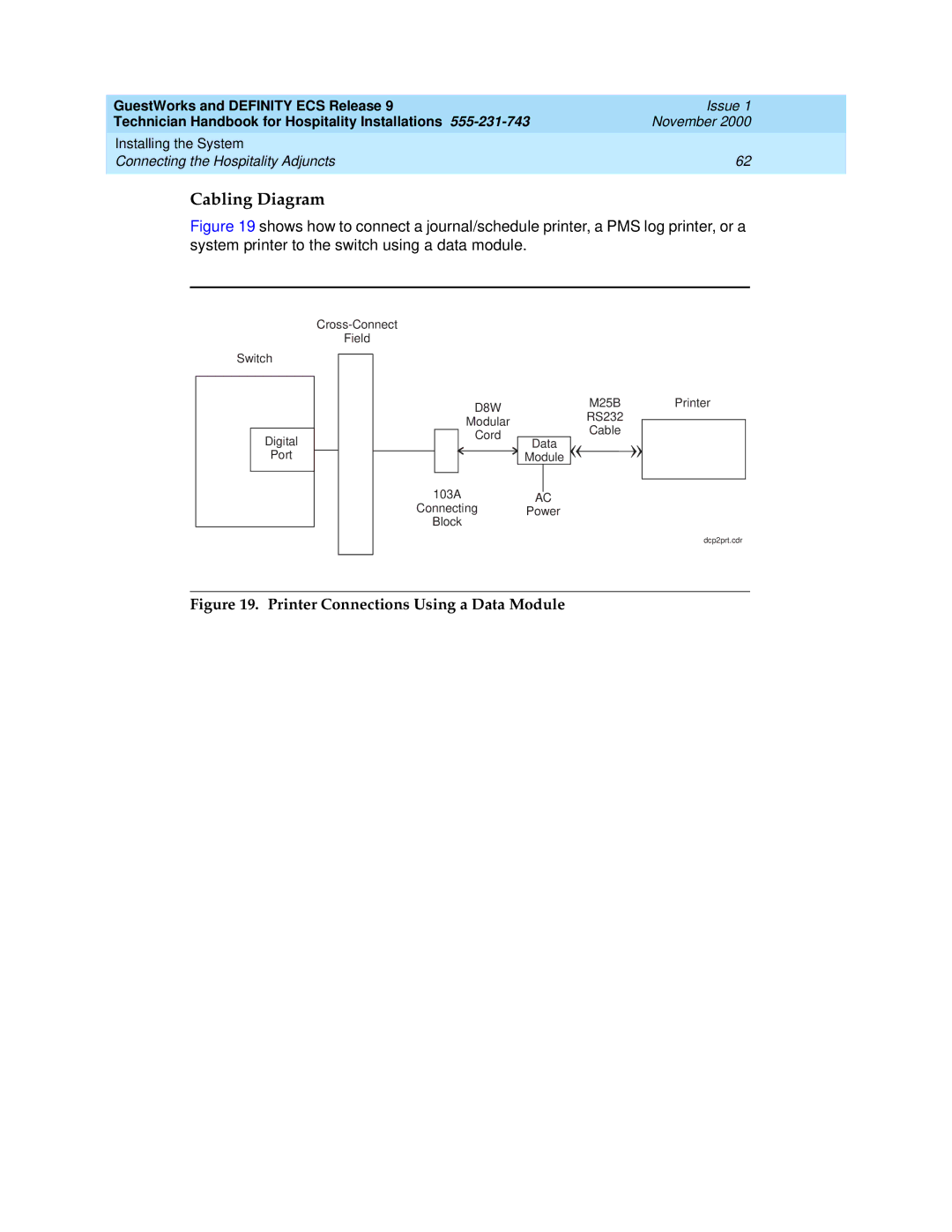 Avaya 555-231-743 manual Printer Connections Using a Data Module 