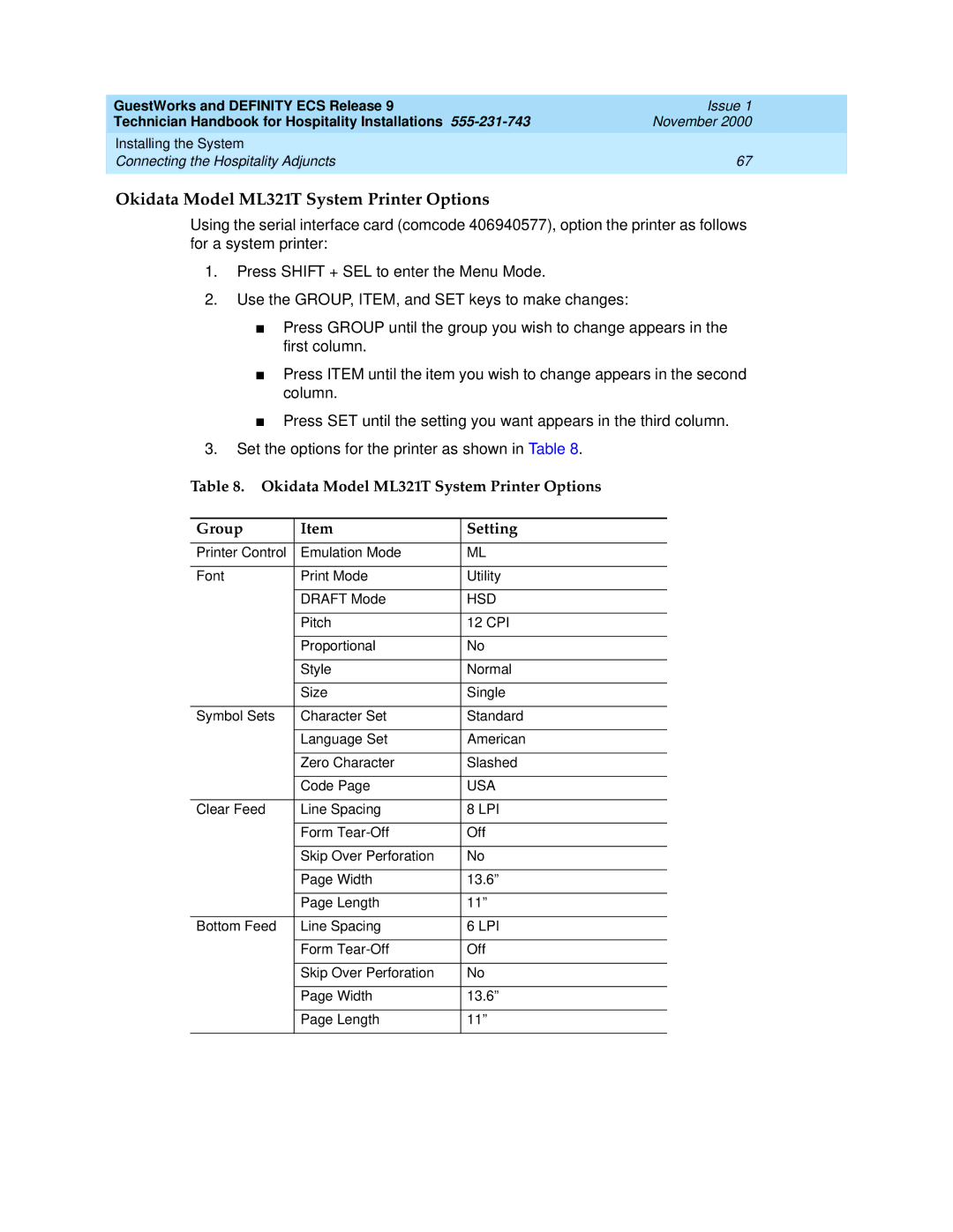 Avaya 555-231-743 manual Okidata Model ML321T System Printer Options Group Setting 