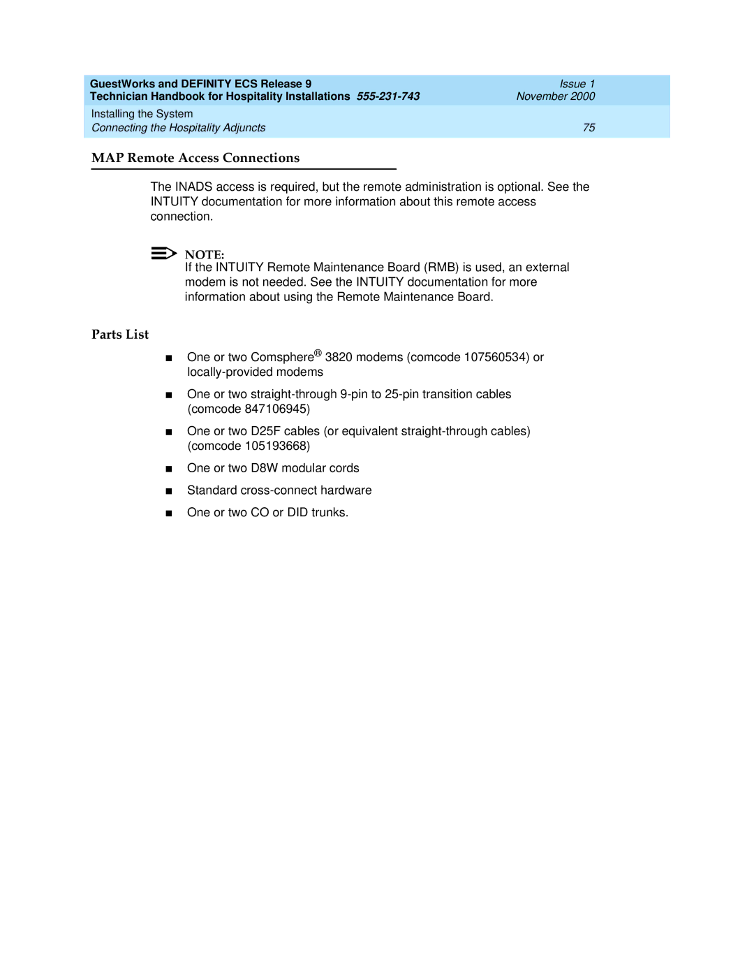 Avaya 555-231-743 manual MAP Remote Access Connections, Parts List 