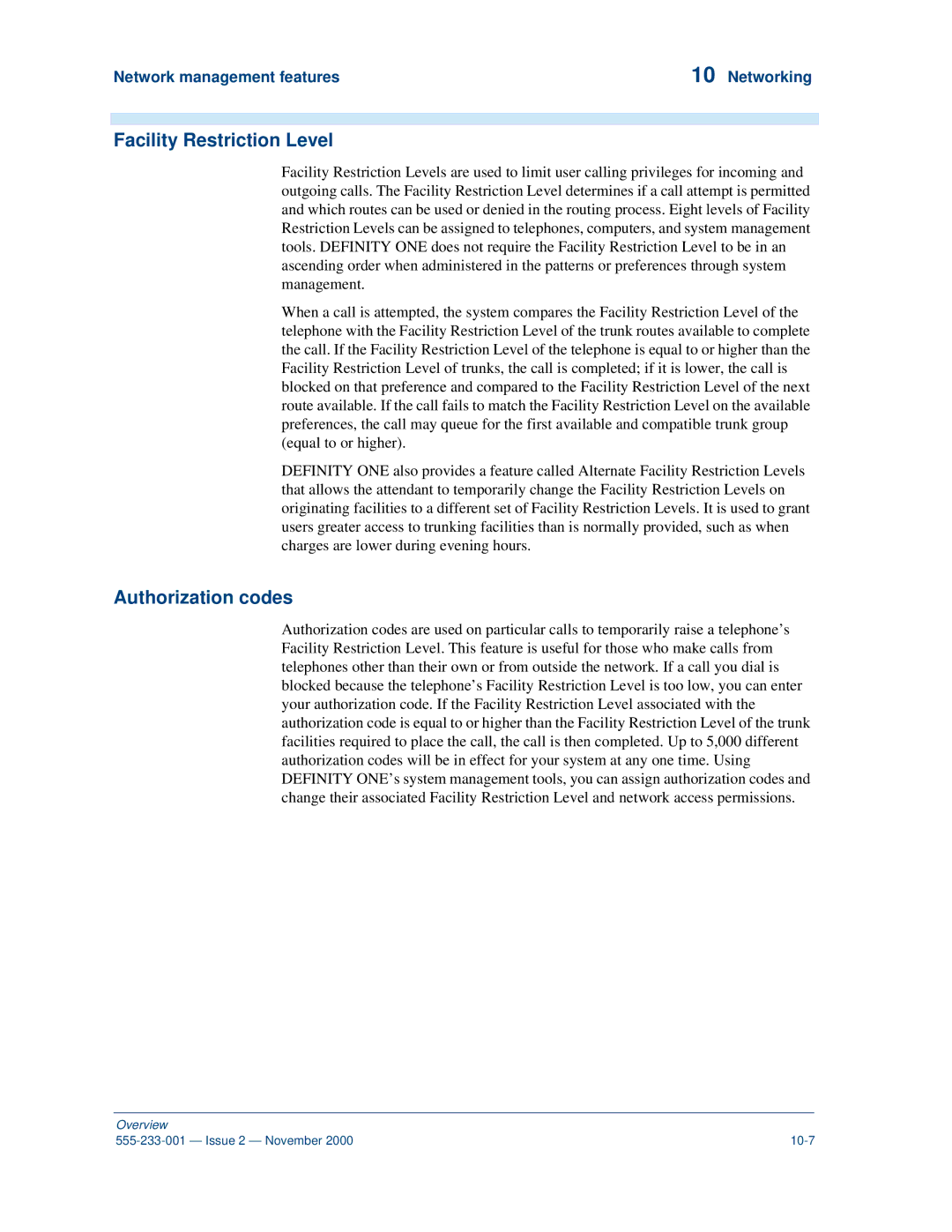 Avaya 555-233-001 manual Facility Restriction Level, Authorization codes 