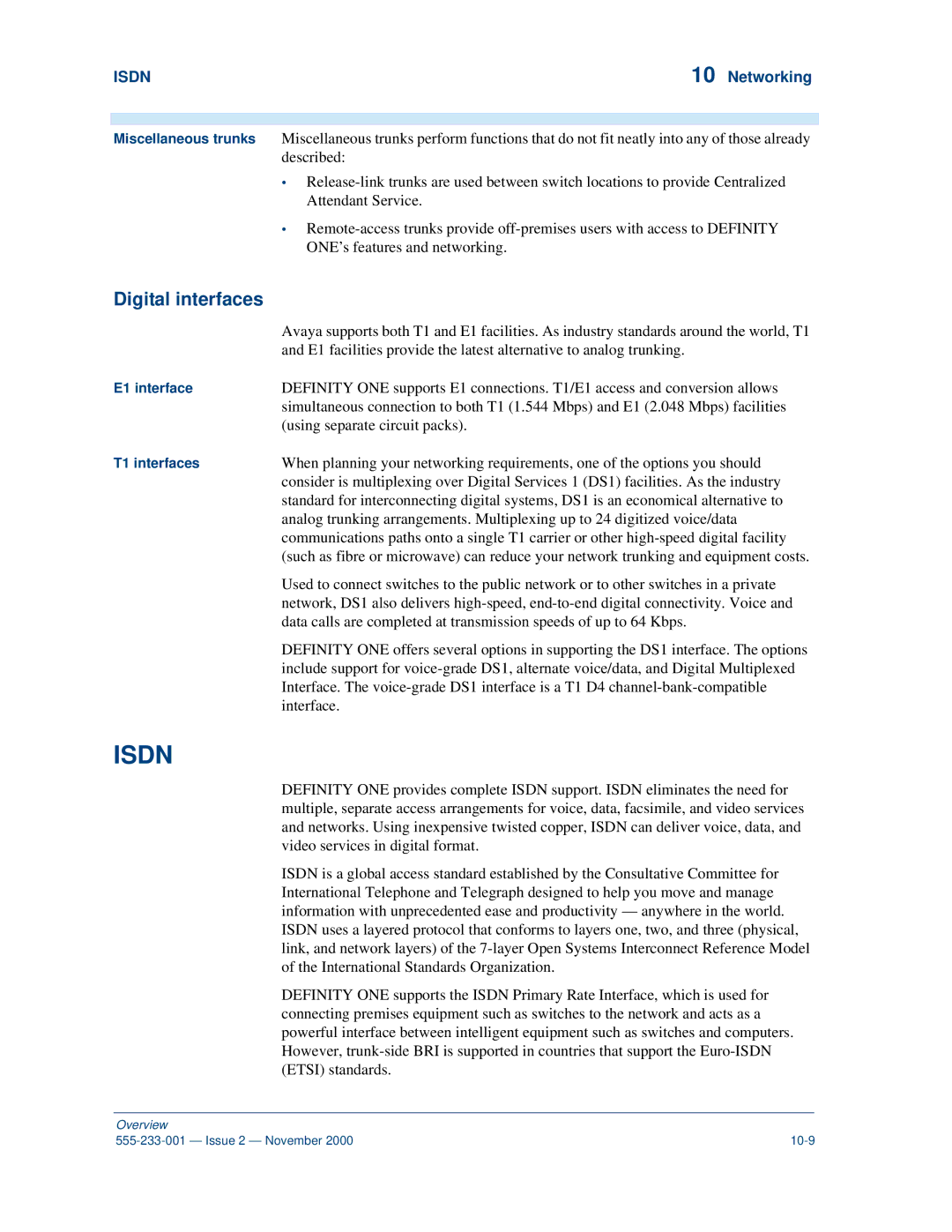 Avaya 555-233-001 manual Digital interfaces, Isdn 