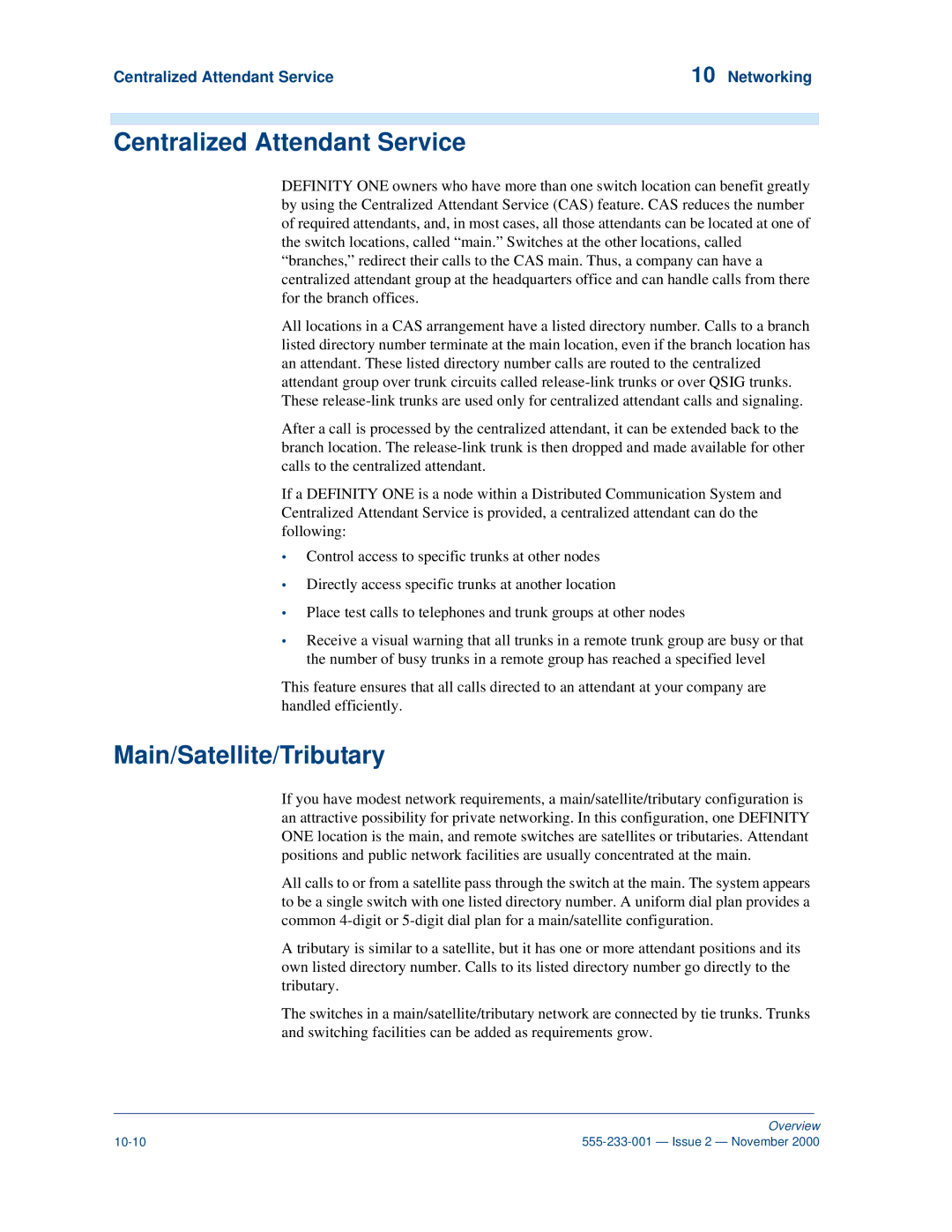 Avaya 555-233-001 manual Main/Satellite/Tributary, Centralized Attendant Service Networking 